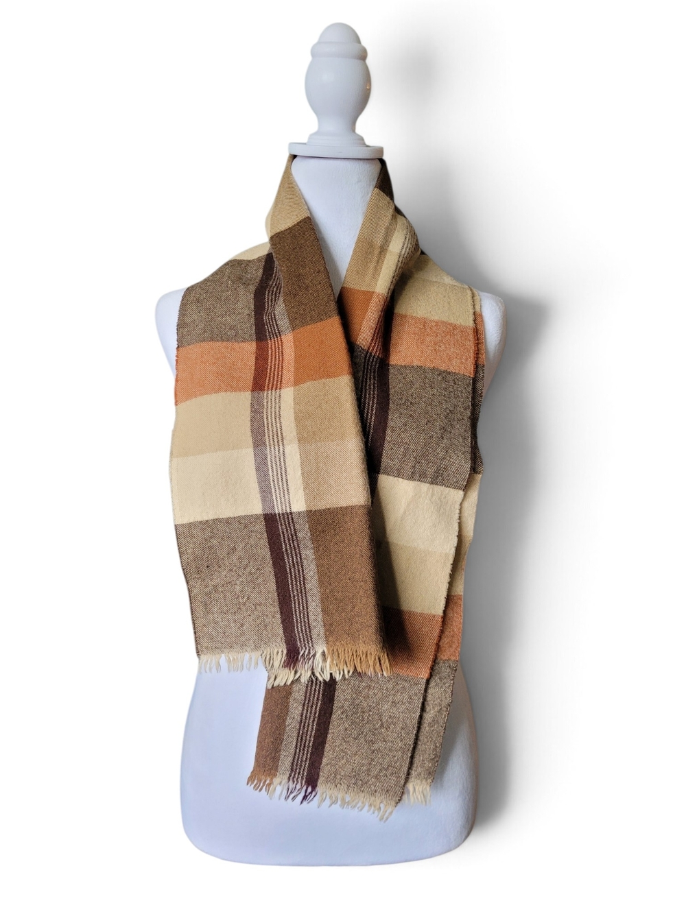 Vintage Wool Plaid Scarf With Fringe In Earth Tones